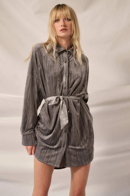 Laid-Back Luxury Crinkle Velvet Mini Shirt Dress
