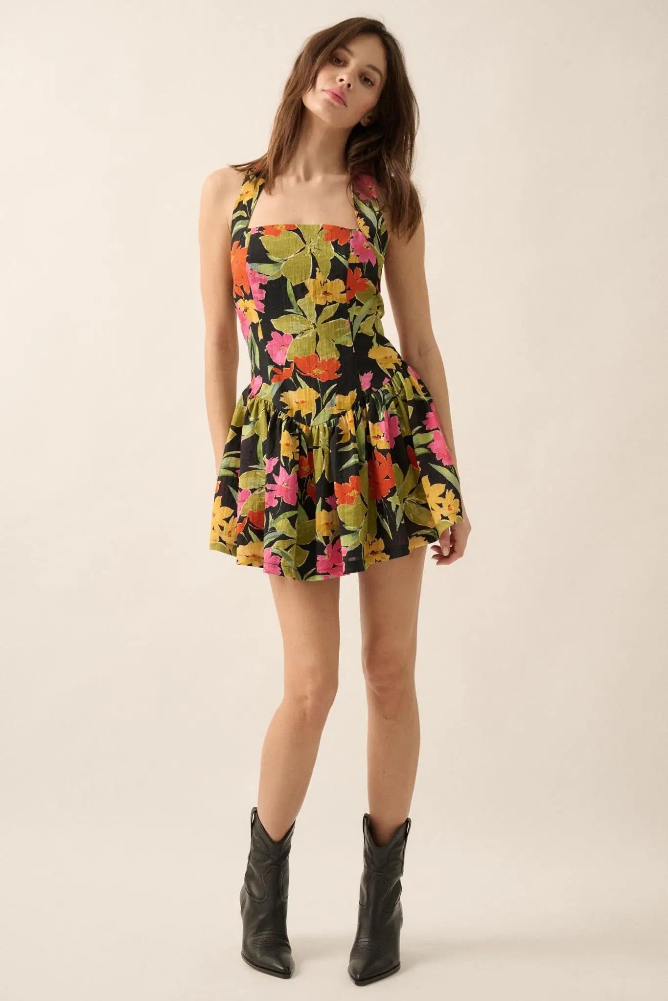 Maui Magic Tropical Floral Halter Mini Dress