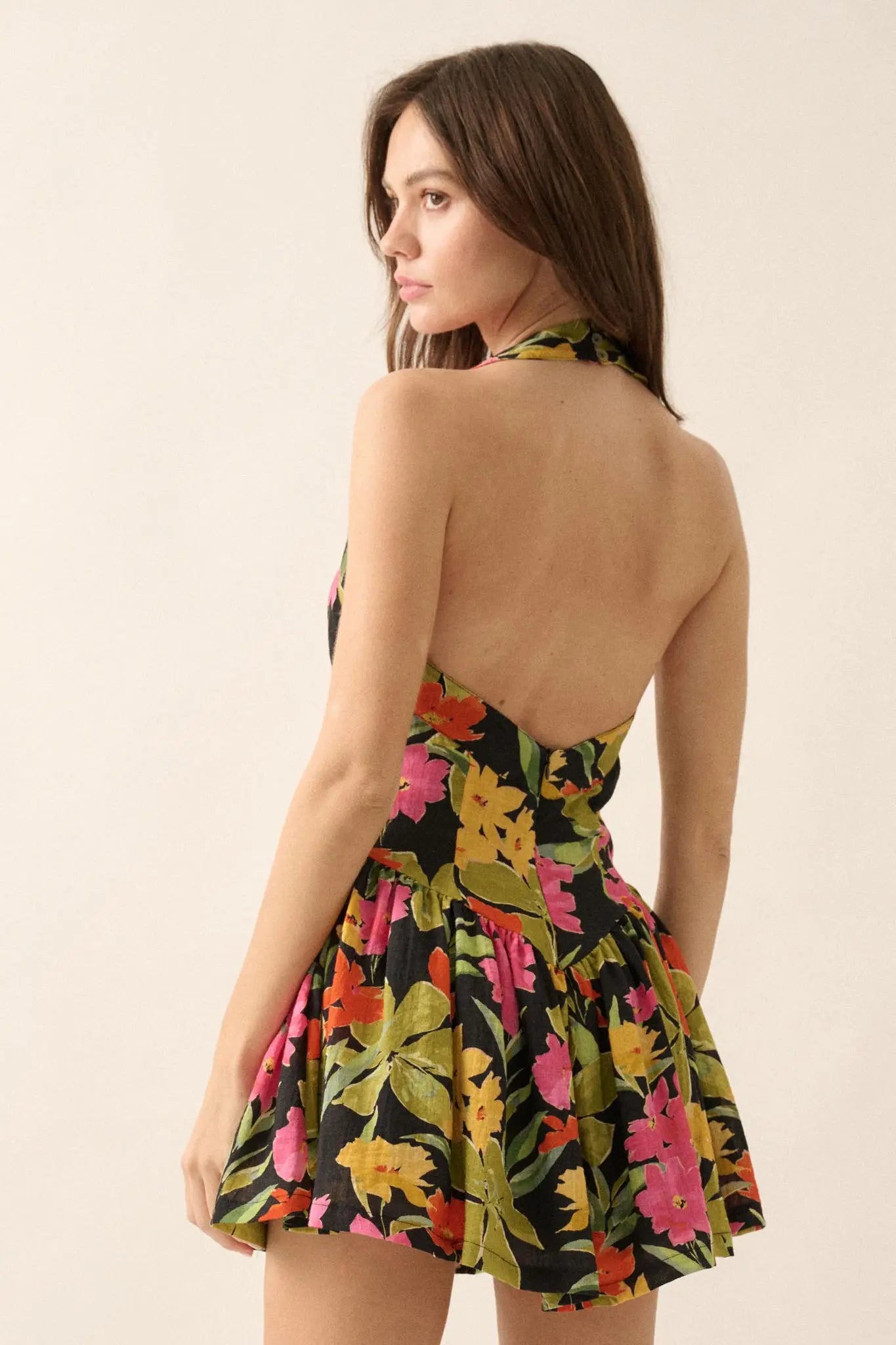 Maui Magic Tropical Floral Halter Mini Dress