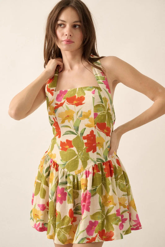 Maui Magic Tropical Floral Halter Mini Dress