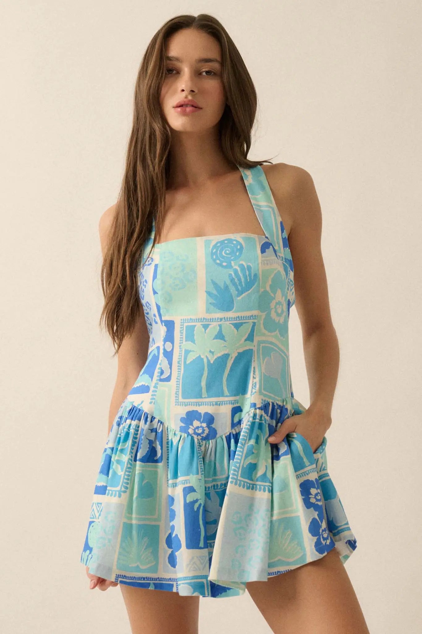 Escape With Me Tropical Floral Halter Mini Dress