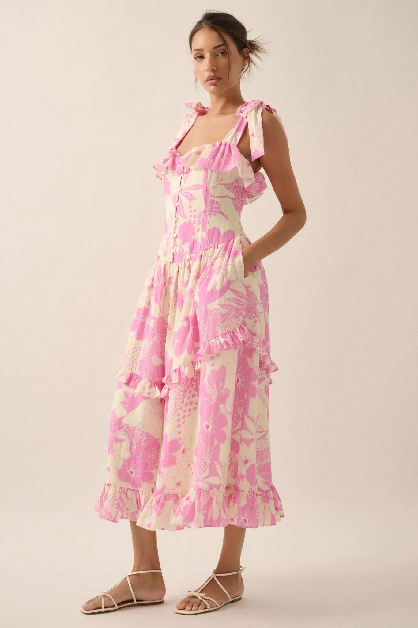 Hot Tropics Floral Button-Front Ruffle Midi Dress