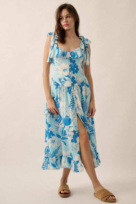 Hot Tropics Floral Button-Front Ruffle Midi Dress