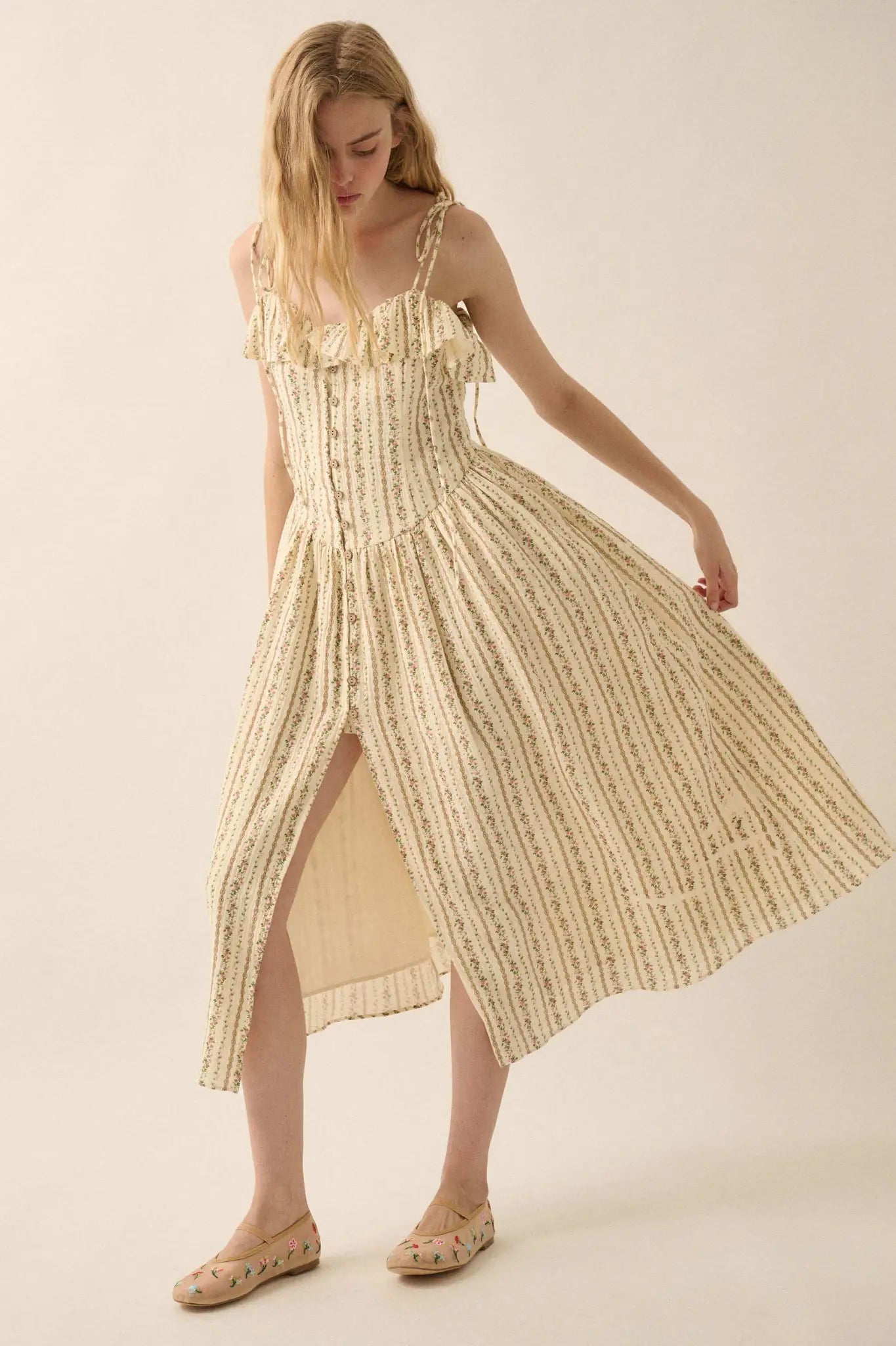 Climbing Vines Floral Gauze Ruffle Midi Dress
