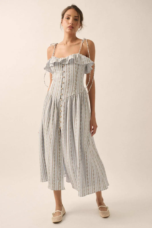 Climbing Vines Floral Gauze Ruffle Midi Dress