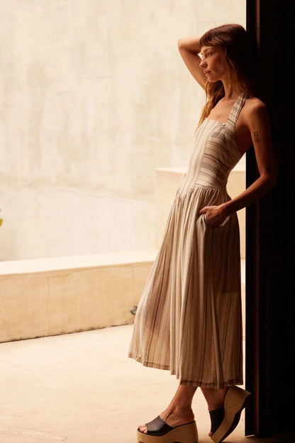 Along the Way Pinstripe Drop-Waist Midi Dress