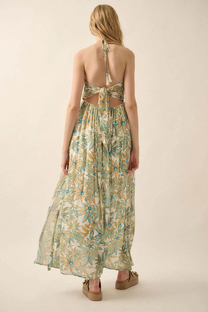 Abundant Blooms Floral Crepe Halter Maxi Dress