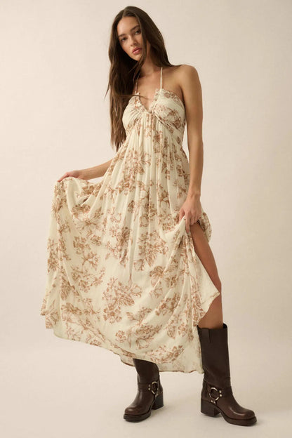 Everlasting Beauty Floral Crepe Halter Maxi Dress