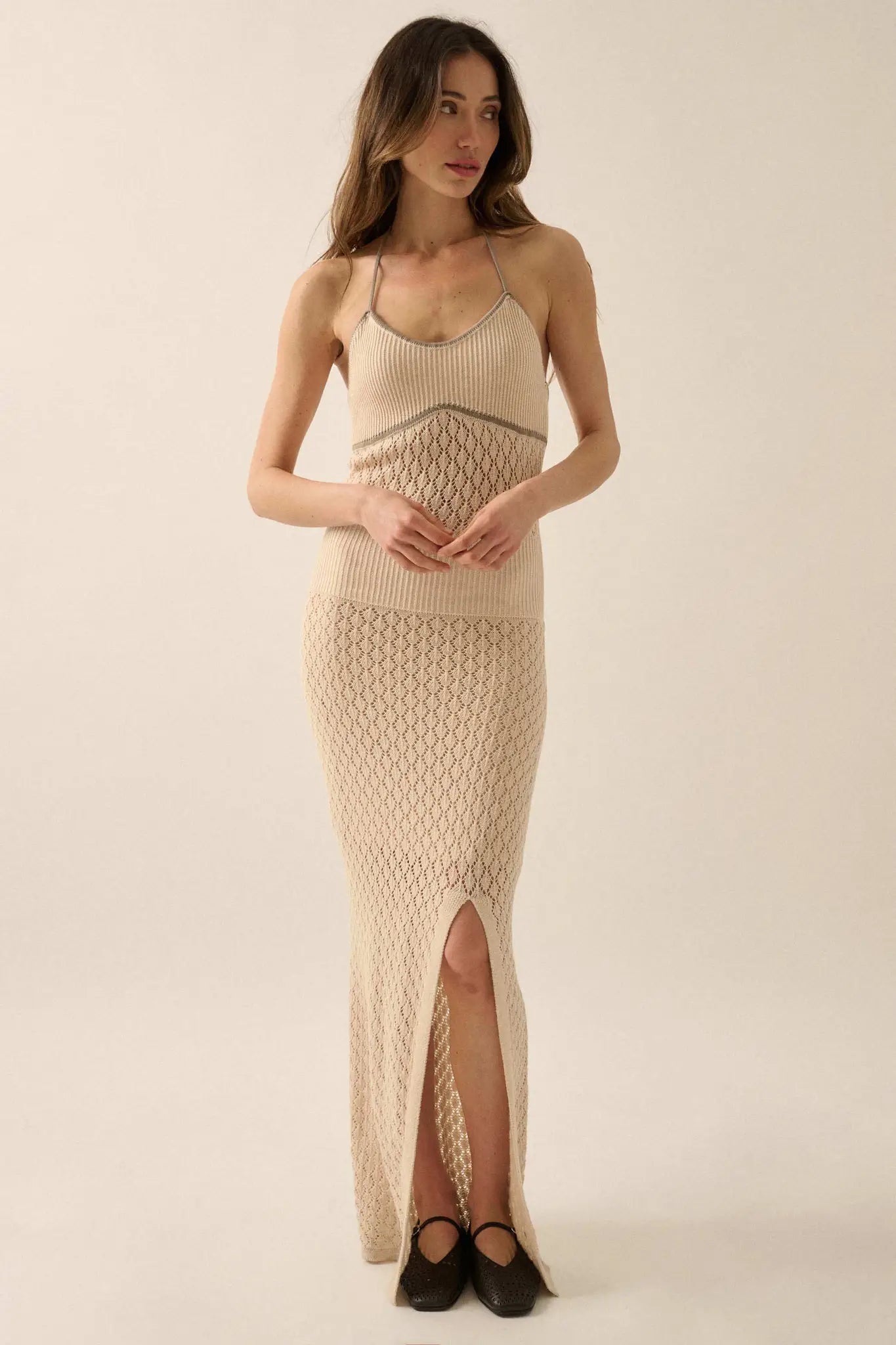 Endless Coastline Crochet Knit Halter Maxi Dress