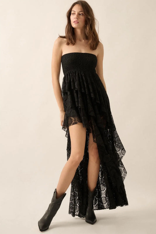 Ever After Asymmetrical Lace Strapless Maxi Dress