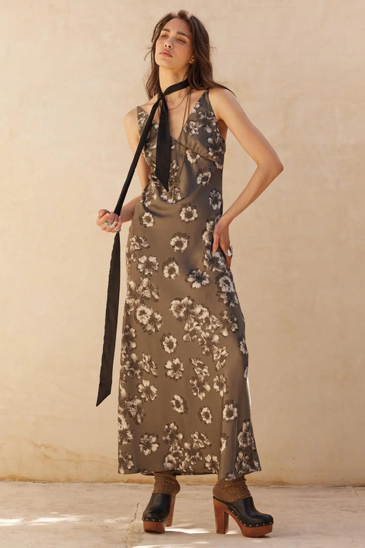 Silken Blossoms Bias-Cut Floral Satin Maxi Dress