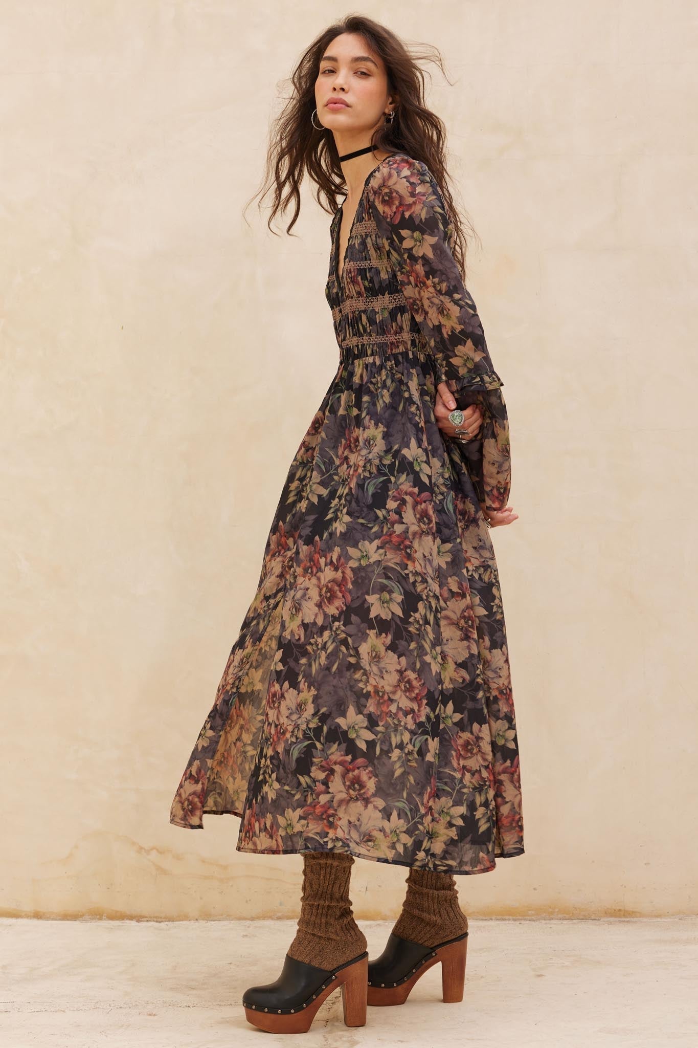 Boho Blossoms Floral Bell-Sleeve Midi Dress