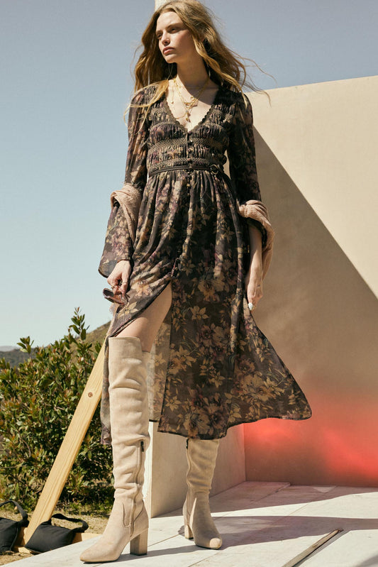 Boho Blossoms Floral Bell-Sleeve Midi Dress