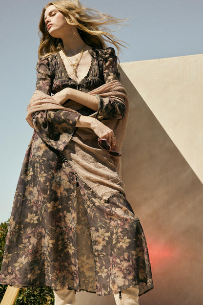 Boho Blossoms Floral Bell-Sleeve Midi Dress
