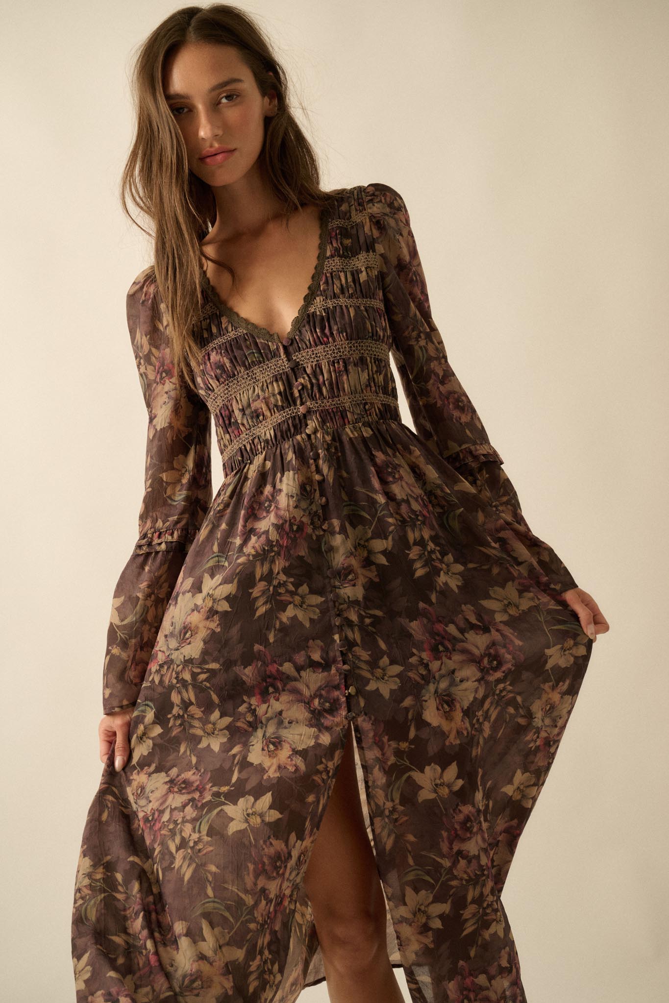 Boho Blossoms Floral Bell-Sleeve Midi Dress