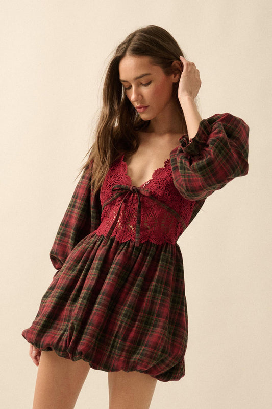 Country Cottage Plaid and Lace Bubble Mini Dress