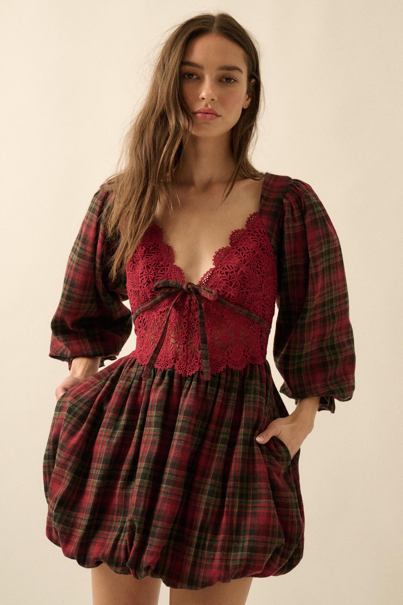 Country Cottage Plaid and Lace Bubble Mini Dress