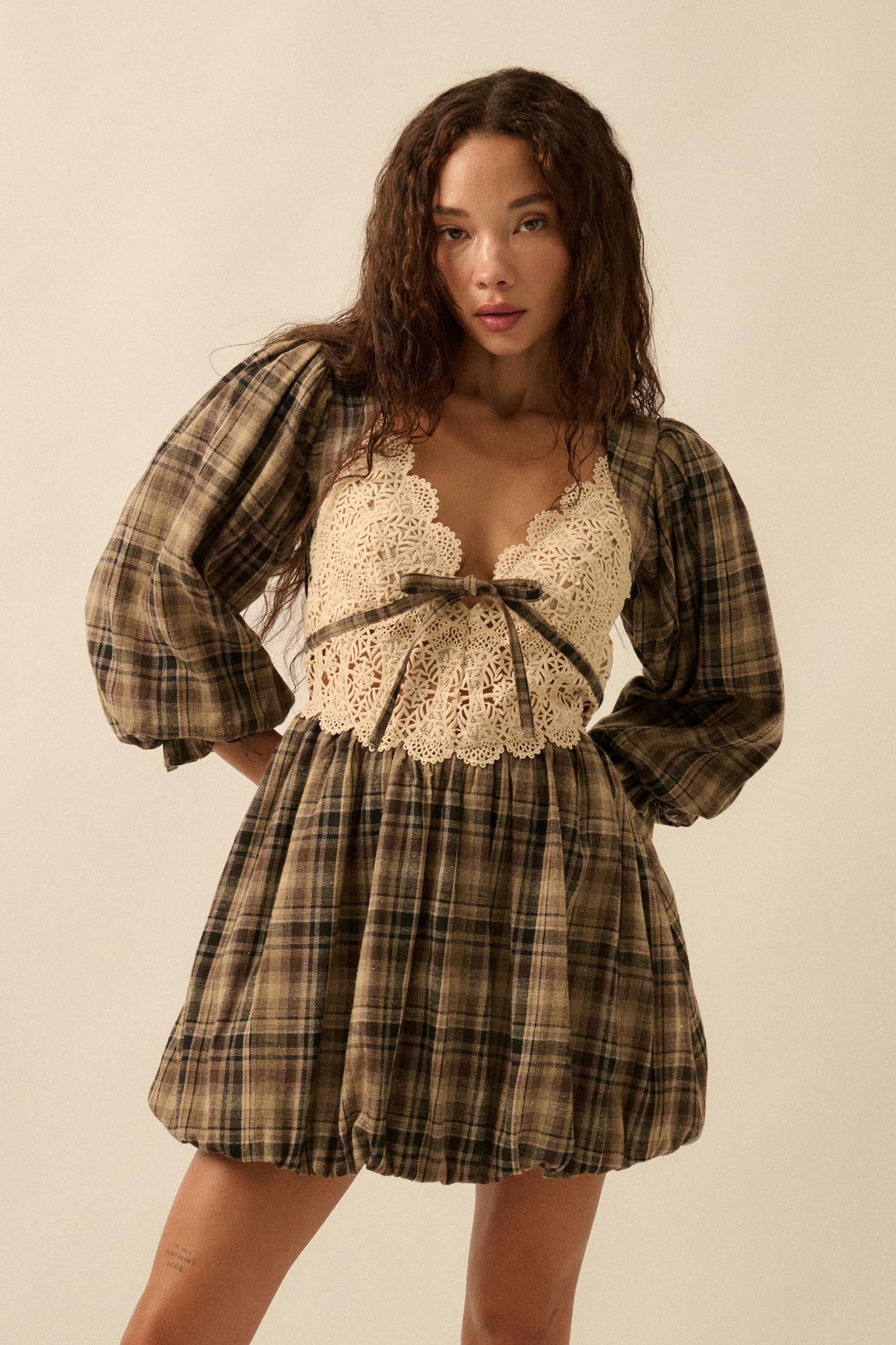 Country Cottage Plaid and Lace Bubble Mini Dress