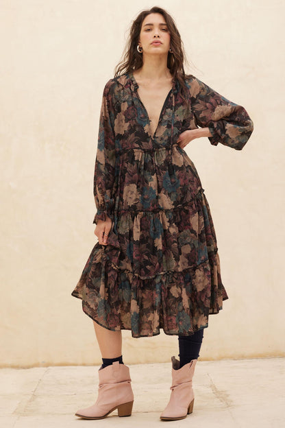 Potpourri Grove Tiered Floral Midi Prairie Dress
