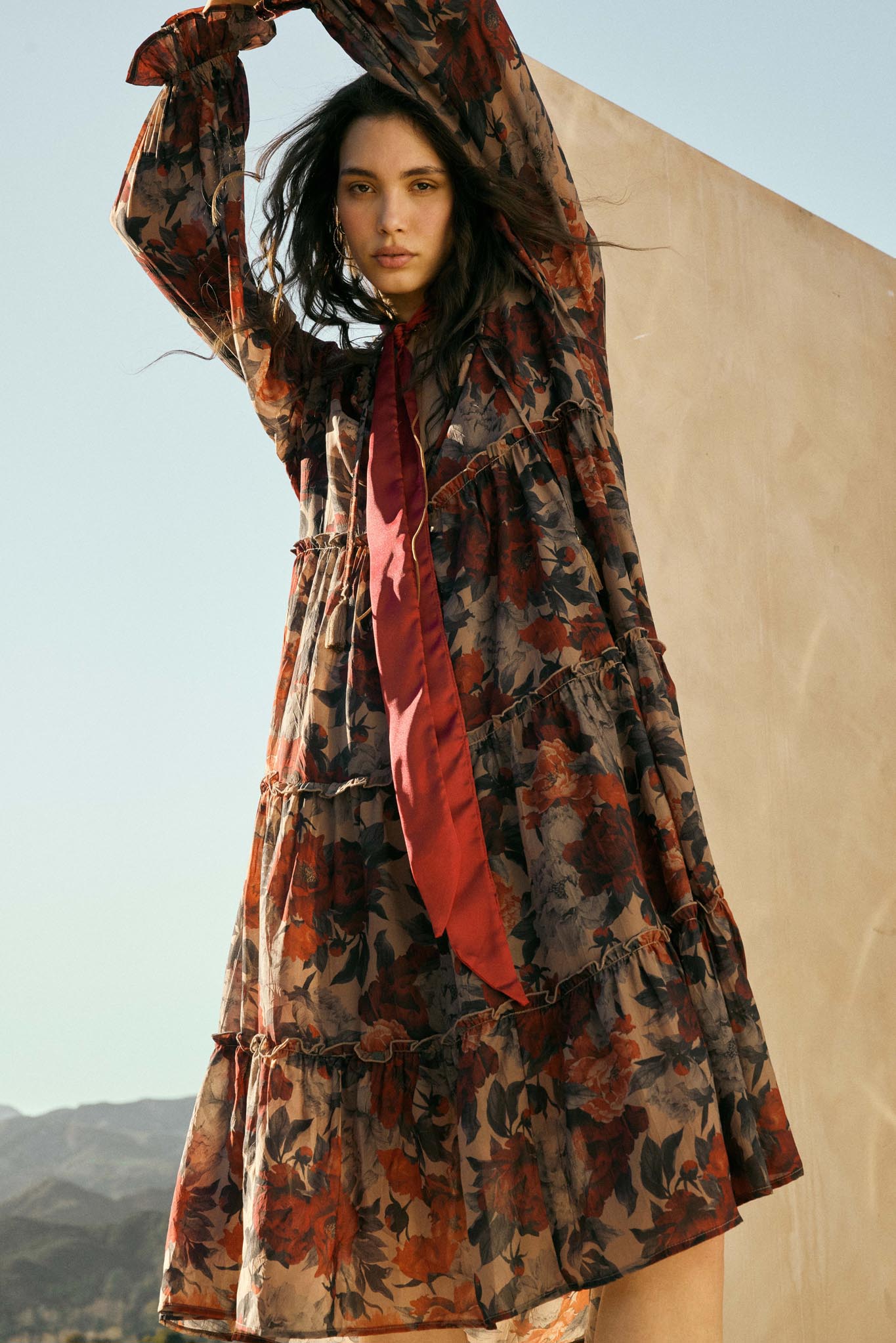 Potpourri Grove Tiered Floral Midi Prairie Dress