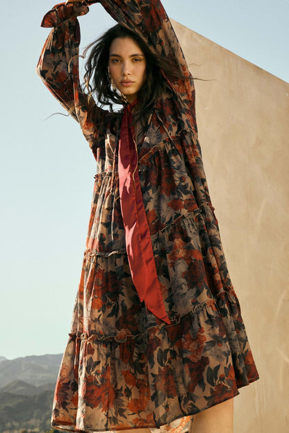Potpourri Grove Tiered Floral Midi Prairie Dress