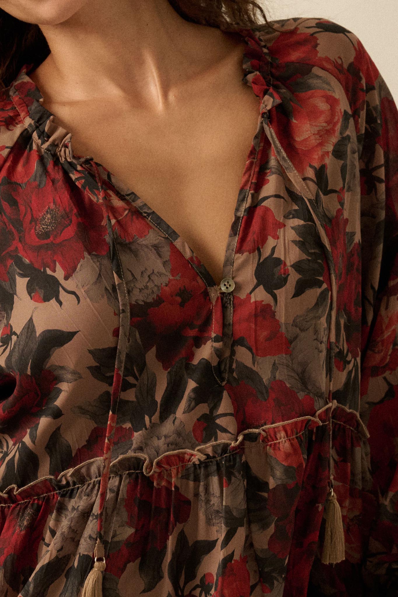Potpourri Grove Tiered Floral Midi Prairie Dress