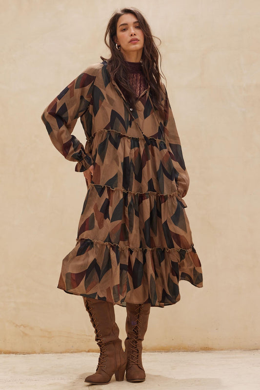 Modern Vintage Abstract-Print Midi Prairie Dress