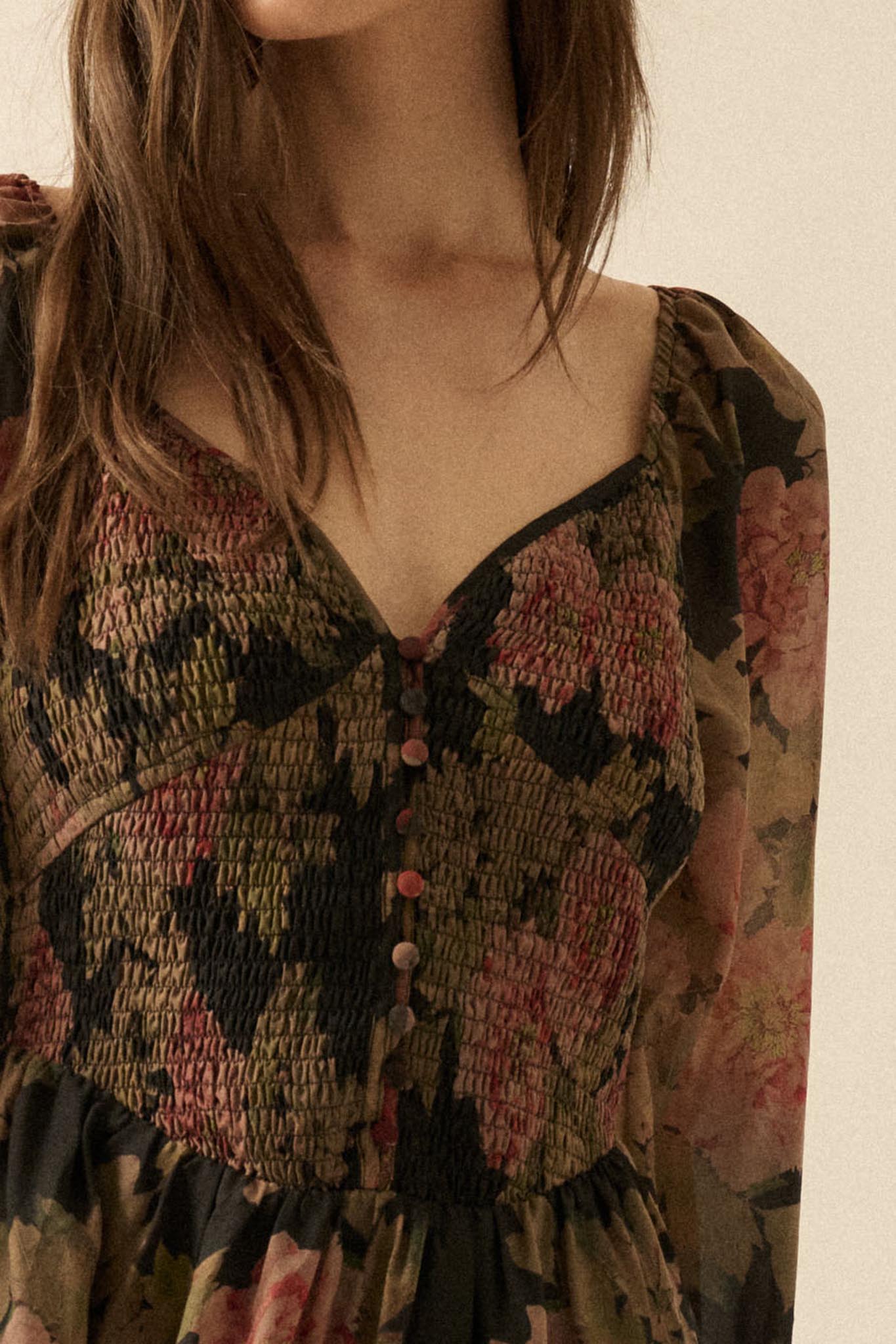 Peaceful Petals Smocked Floral Midi Peasant Dress