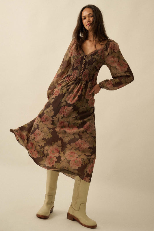 Peaceful Petals Smocked Floral Midi Peasant Dress