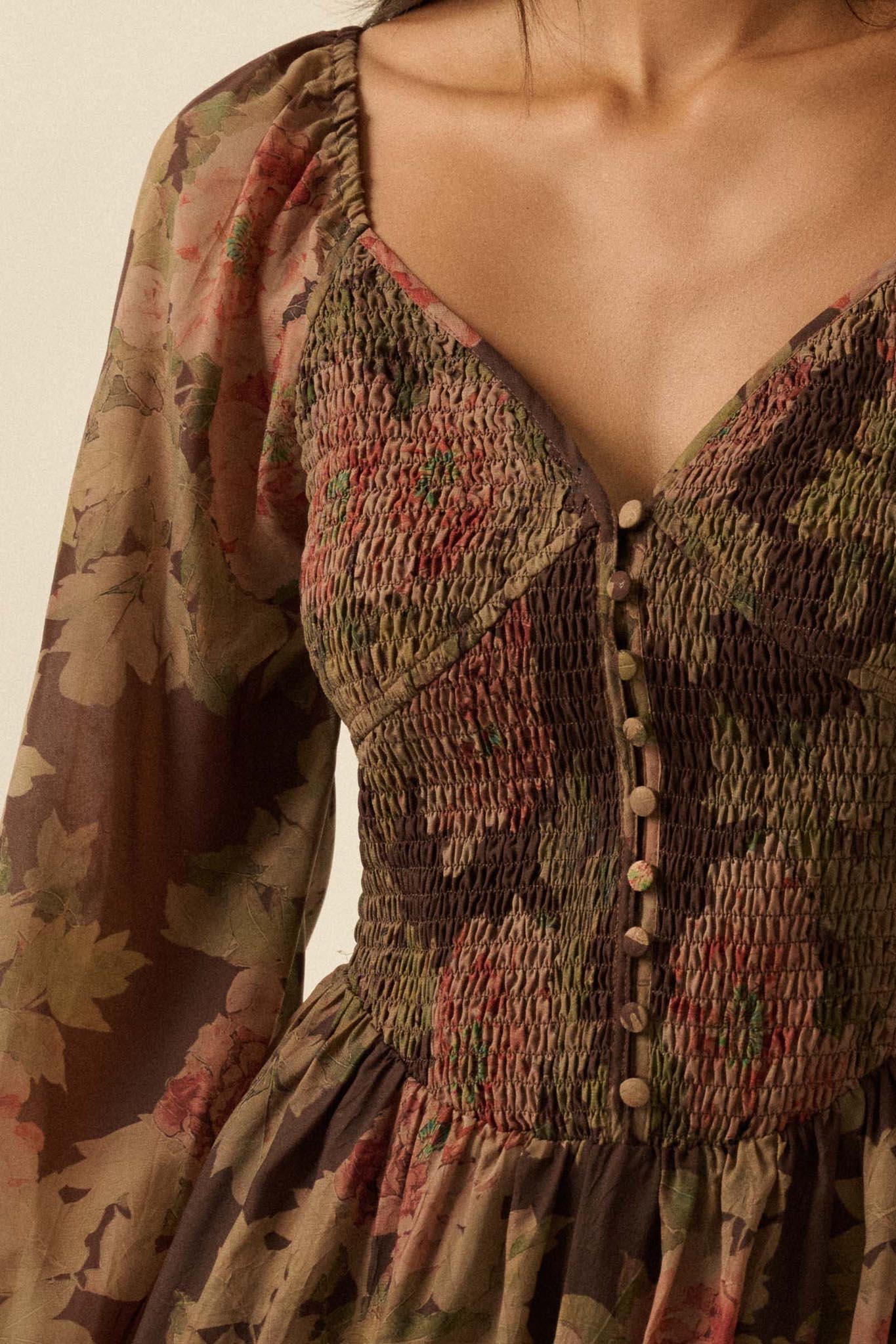 Peaceful Petals Smocked Floral Midi Peasant Dress