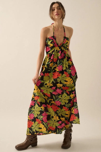 Lovely Luau Tropical Floral Halter Maxi Dress