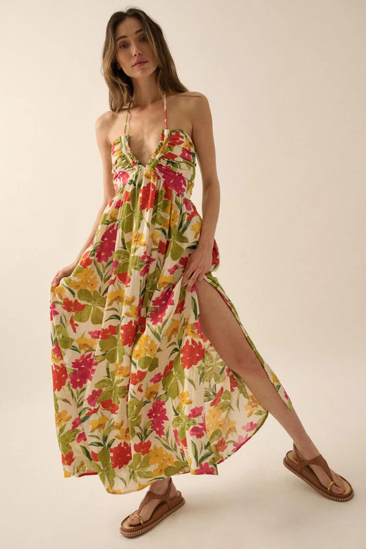 Lovely Luau Tropical Floral Halter Maxi Dress