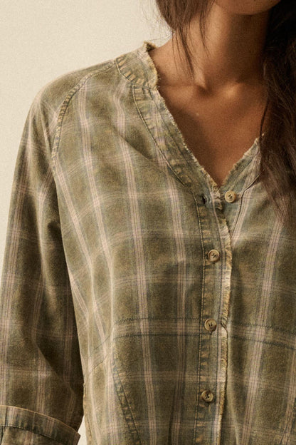 Back Roads Plaid Flannel Raw-Edge Mini Shirt Dress