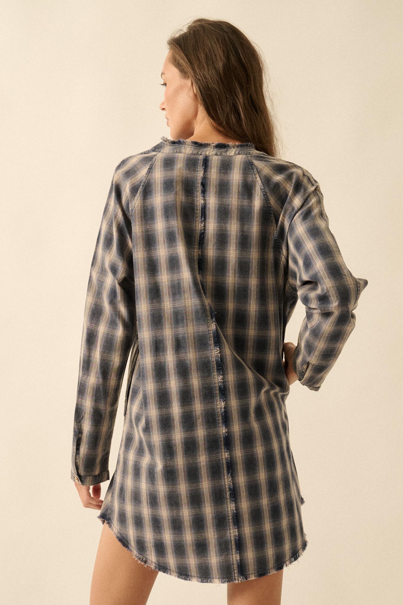 Back Roads Plaid Flannel Raw-Edge Mini Shirt Dress