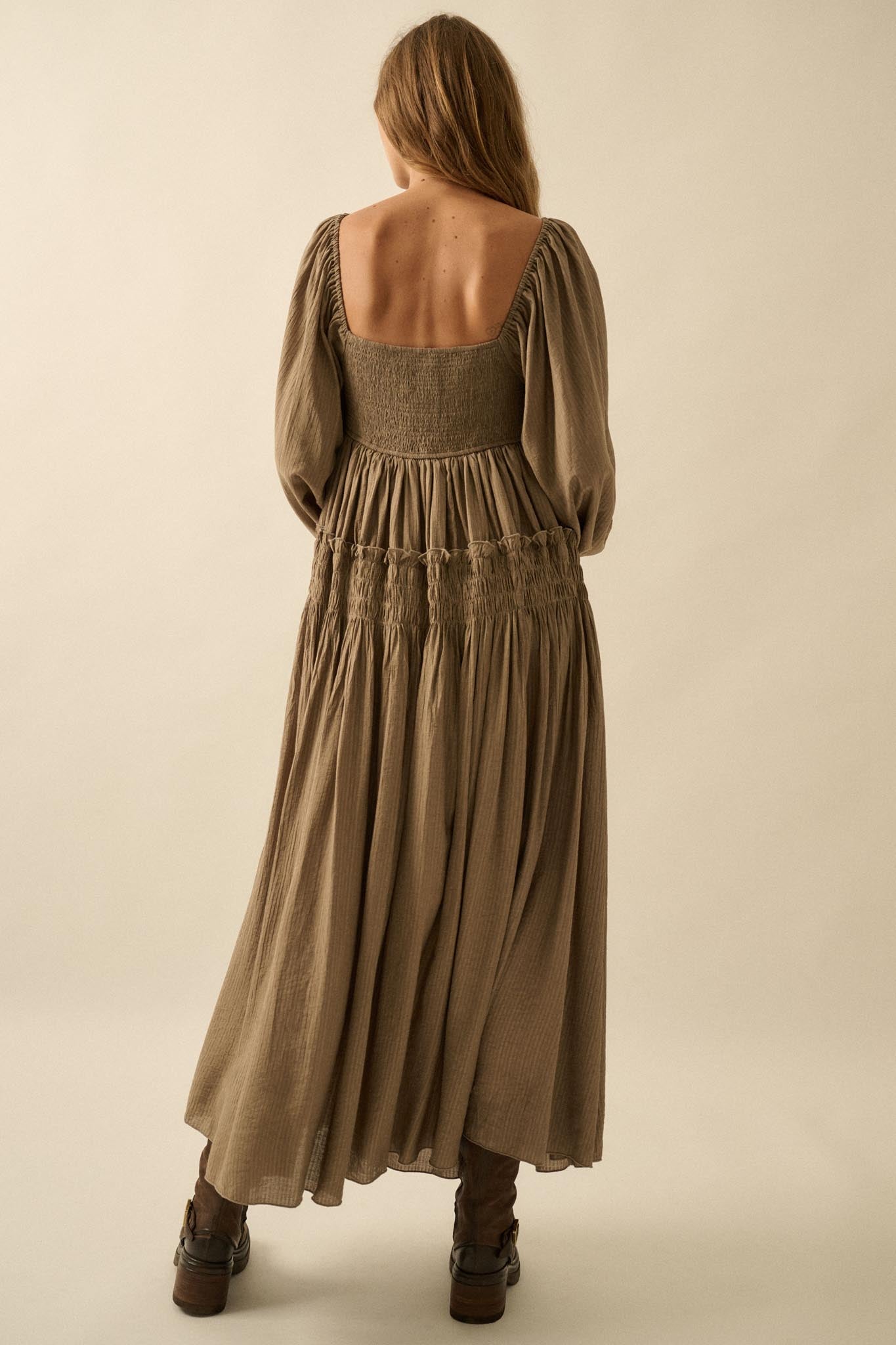 Love Story Smocked Tonal-Stripe Midi Peasant Dress