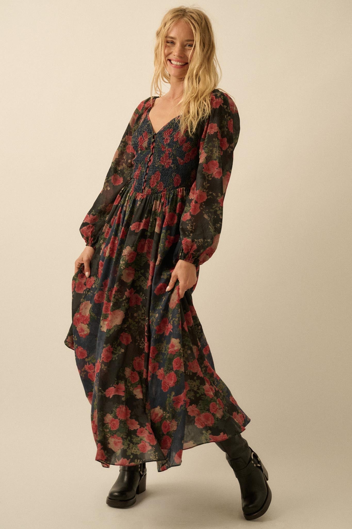 Refined Roses Smocked Floral Maxi Peasant Dress