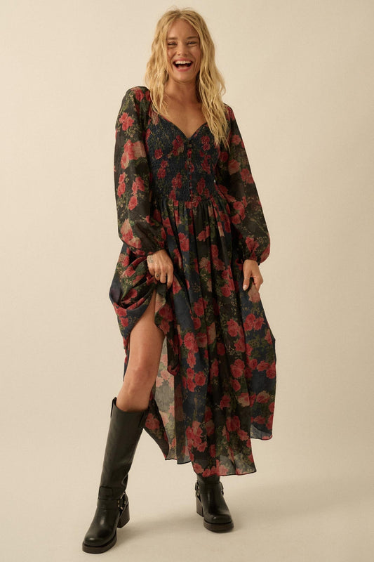 Refined Roses Smocked Floral Maxi Peasant Dress