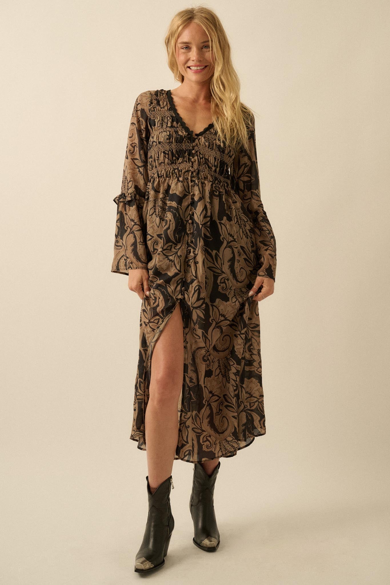 Blooming Opulence Floral Bell-Sleeve Midi Dress