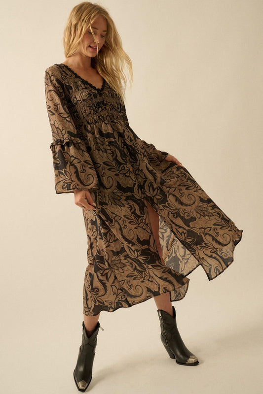 Blooming Opulence Floral Bell-Sleeve Midi Dress