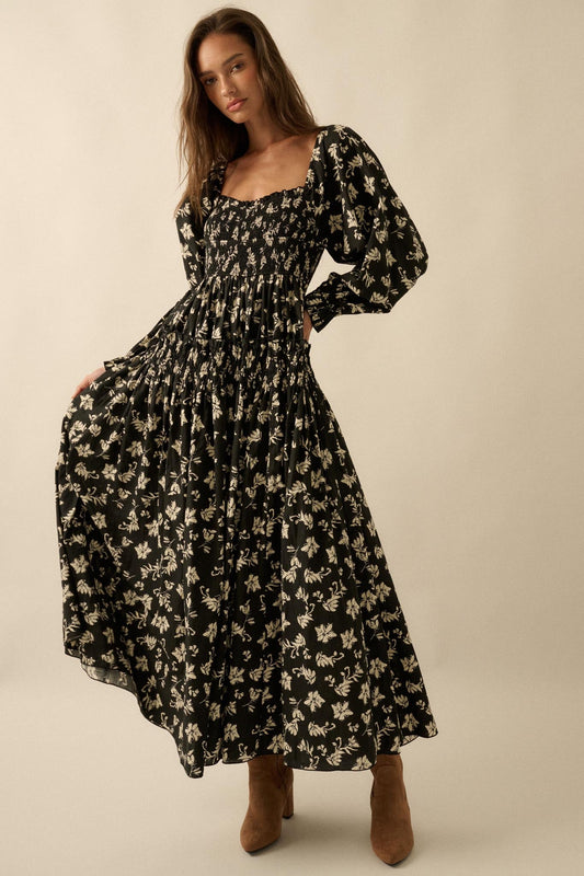 Lost Blossoms Smocked Floral Midi Peasant Dress