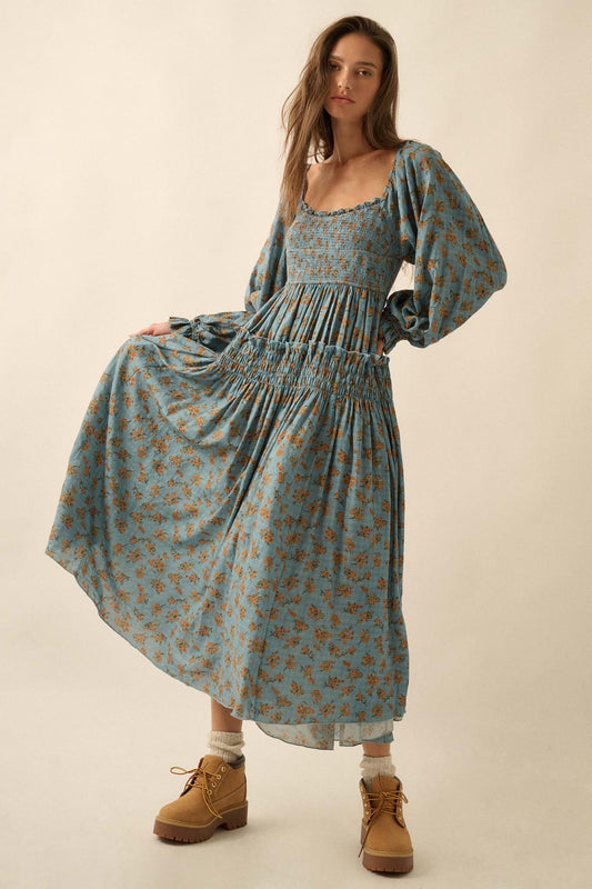 Field Day Floral Plaid Smocked Midi Peasant Dress