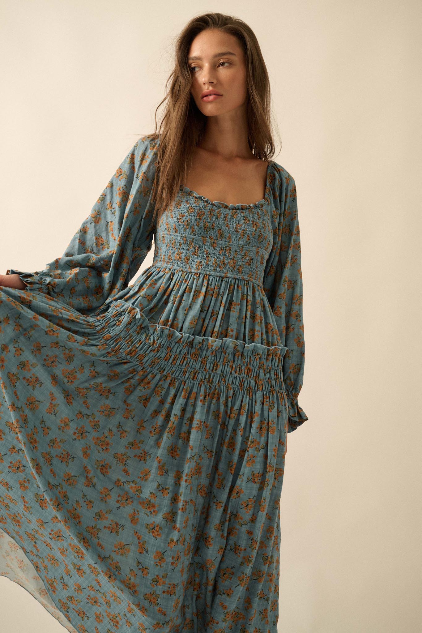 Field Day Floral Plaid Smocked Midi Peasant Dress