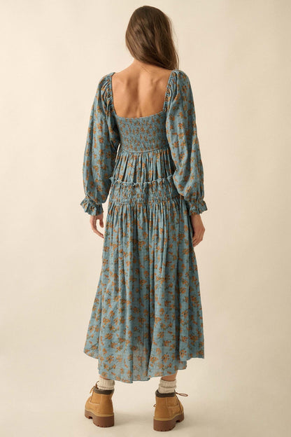 Field Day Floral Plaid Smocked Midi Peasant Dress