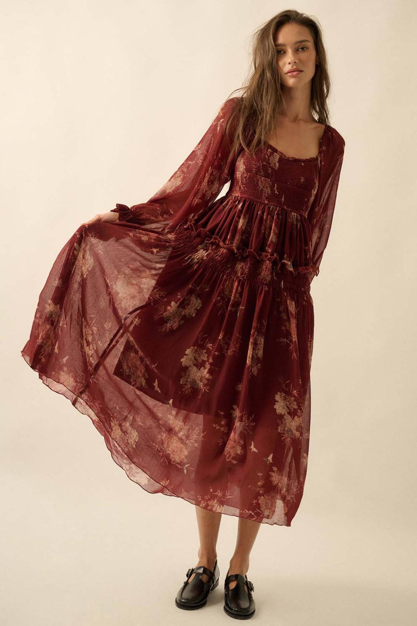 Delicate Blossoms Smocked Floral Chiffon Midi Dress