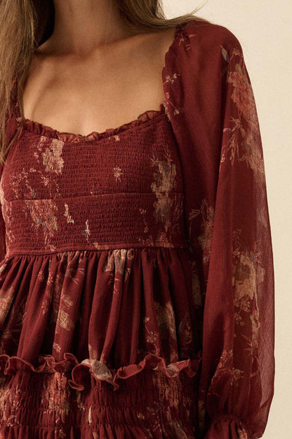 Delicate Blossoms Smocked Floral Chiffon Midi Dress