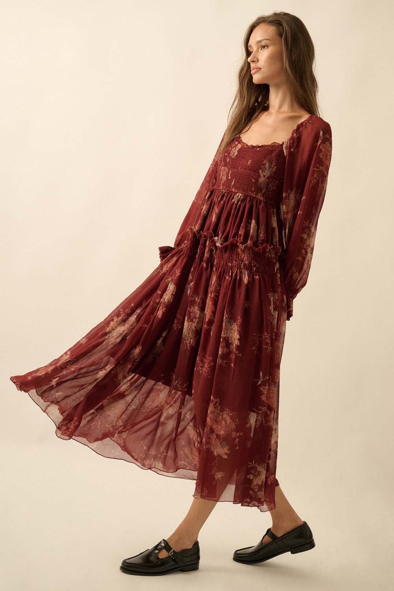 Delicate Blossoms Smocked Floral Chiffon Midi Dress