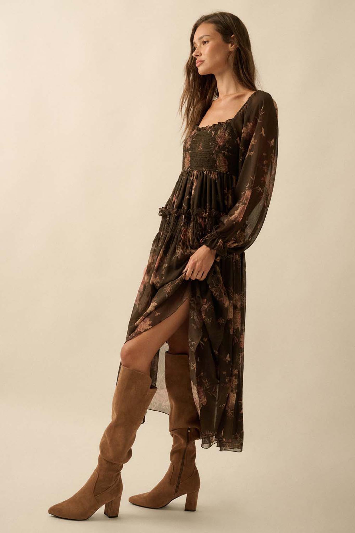 Delicate Blossoms Smocked Floral Chiffon Midi Dress