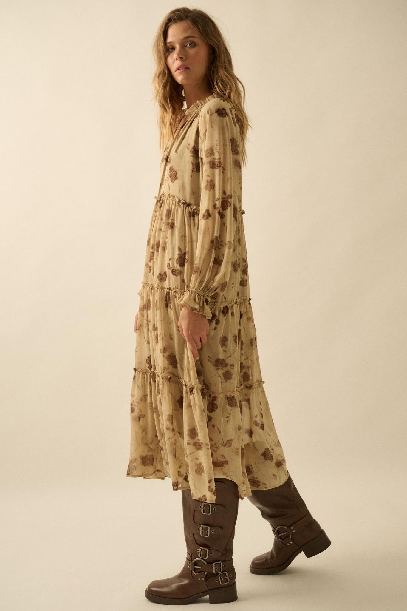 Faded Flowers Tiered Floral Midi Prairie Dress