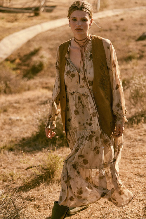 Faded Flowers Tiered Floral Midi Prairie Dress