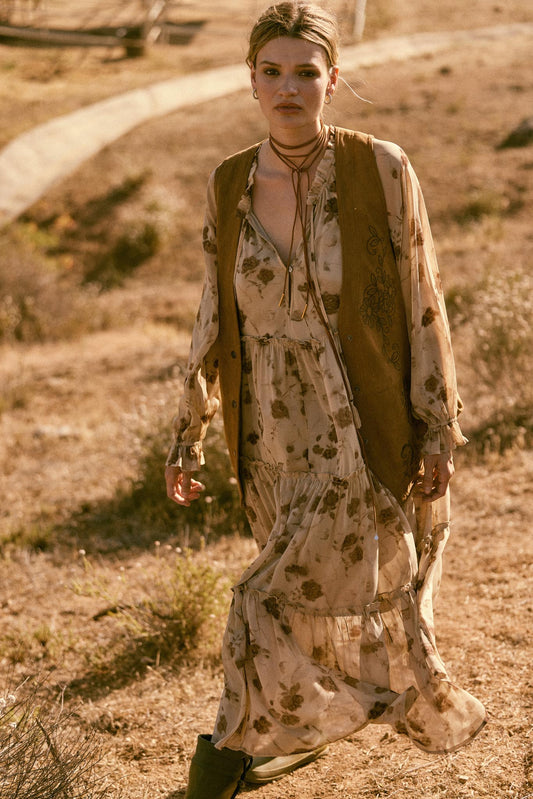 Faded Flowers Tiered Floral Midi Prairie Dress